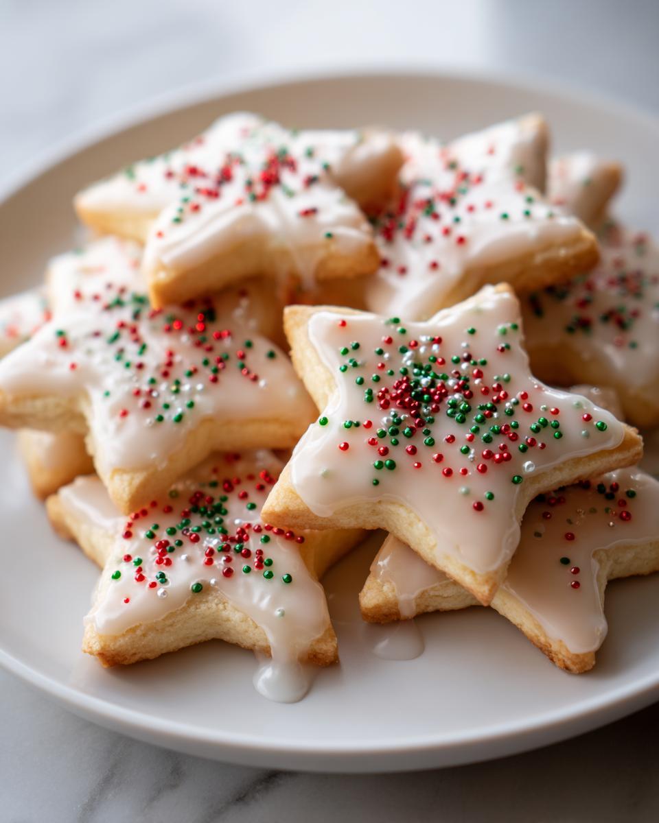 A close-up of a pile of star-shaped Italian Christmas cookies, decorated with white icing and festive red and green sprinkles.