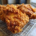 Close-up of perfectly crispy, golden-brown fried chicken resting on a wire cooling rack.