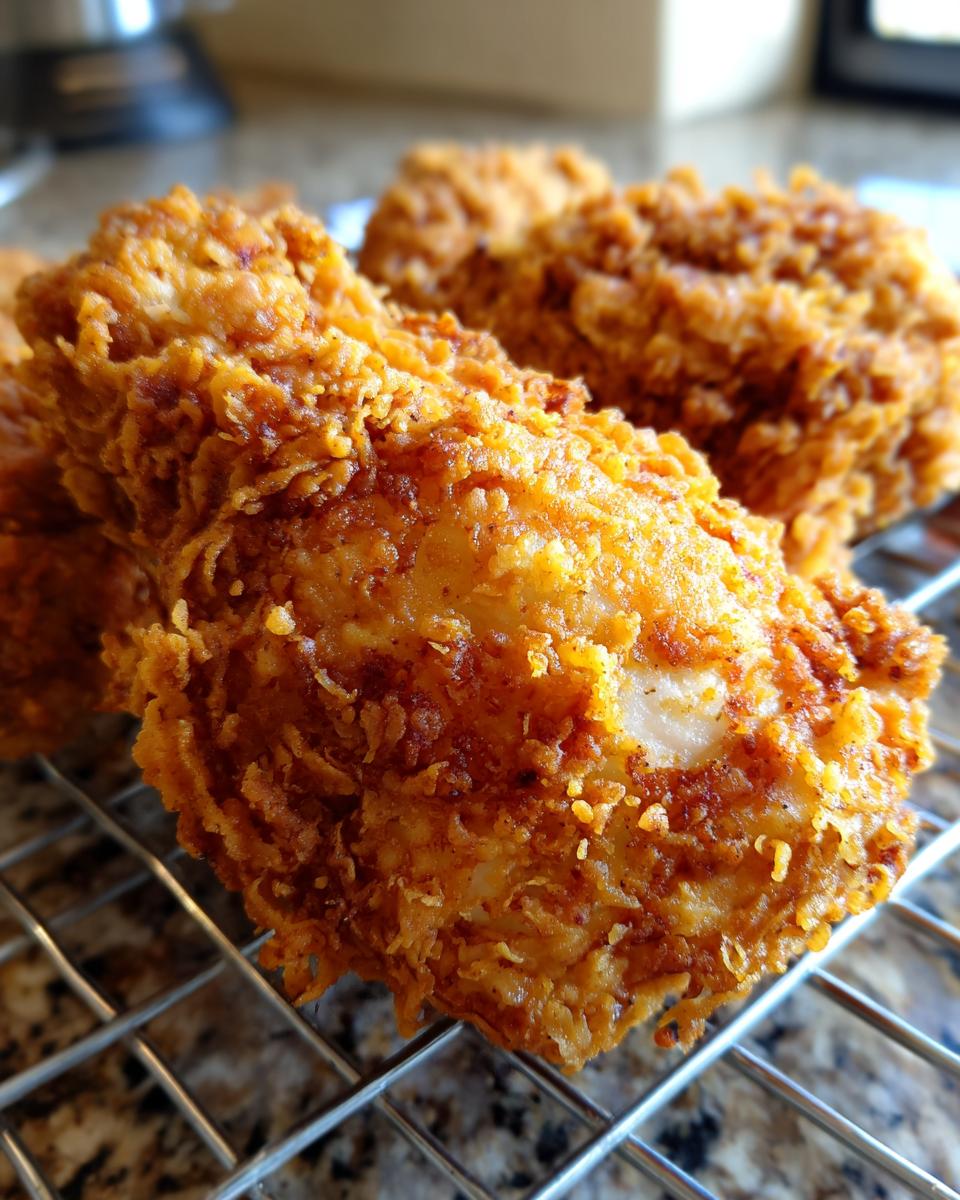 Close-up of perfectly golden brown, crispy fried chicken resting on a wire cooling rack.