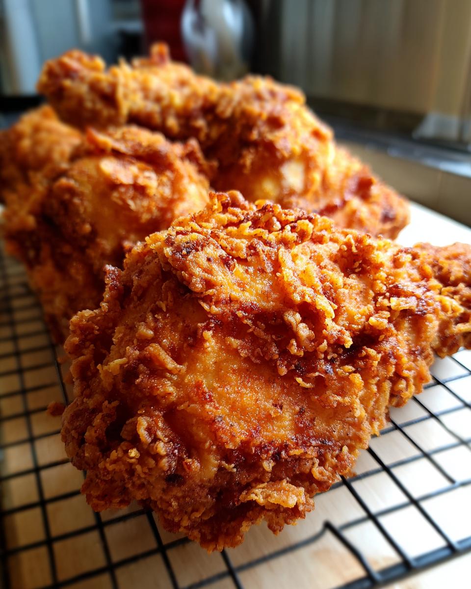 A close-up of a perfectly golden-brown, crispy piece of fried chicken resting on a cooling rack.