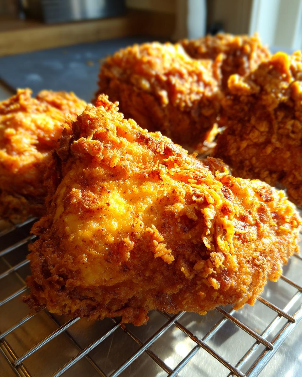 Close-up of perfectly golden and crispy fried chicken resting on a wire cooling rack.