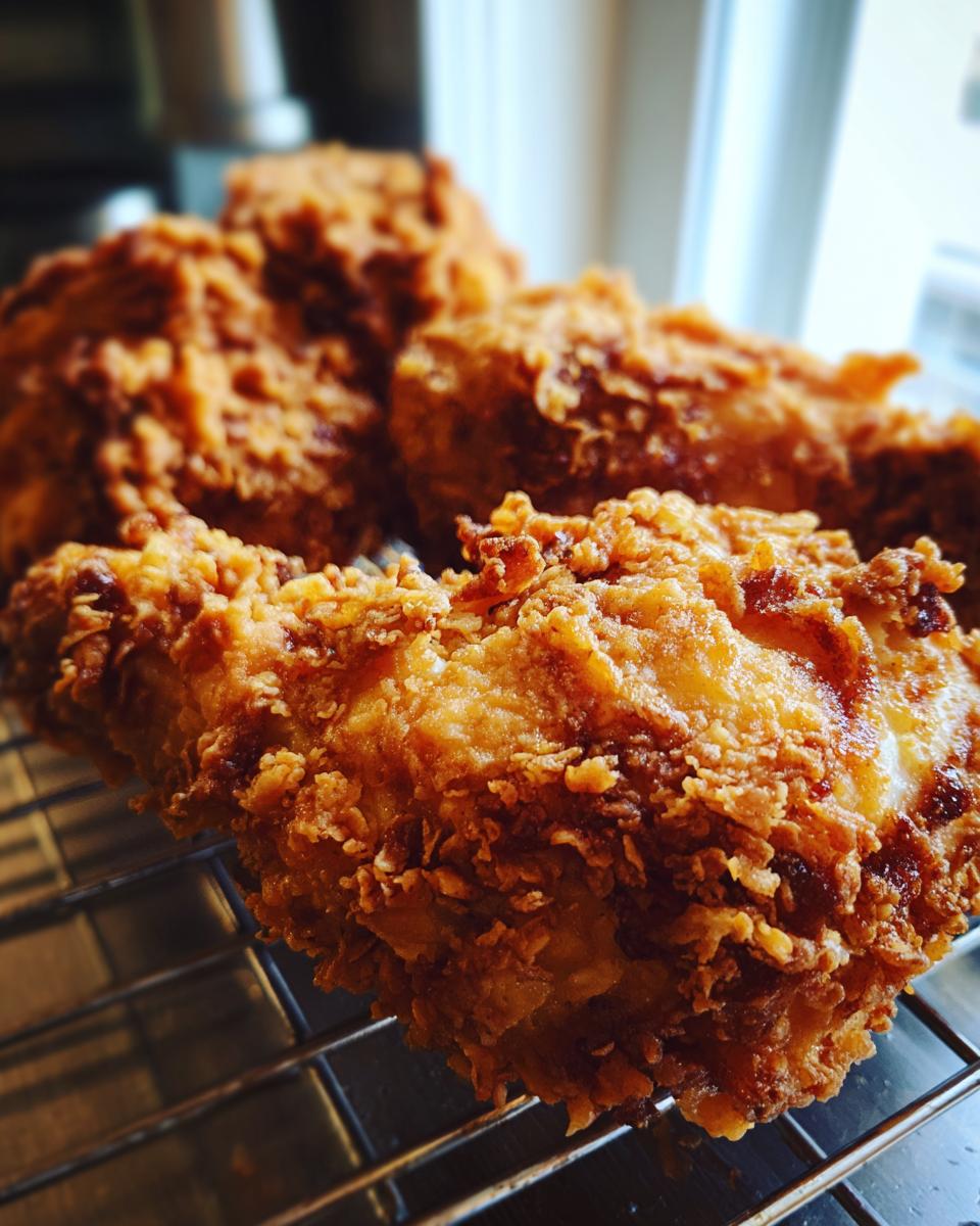 Close-up of golden brown, extra crispy fried chicken resting on a wire cooling rack.