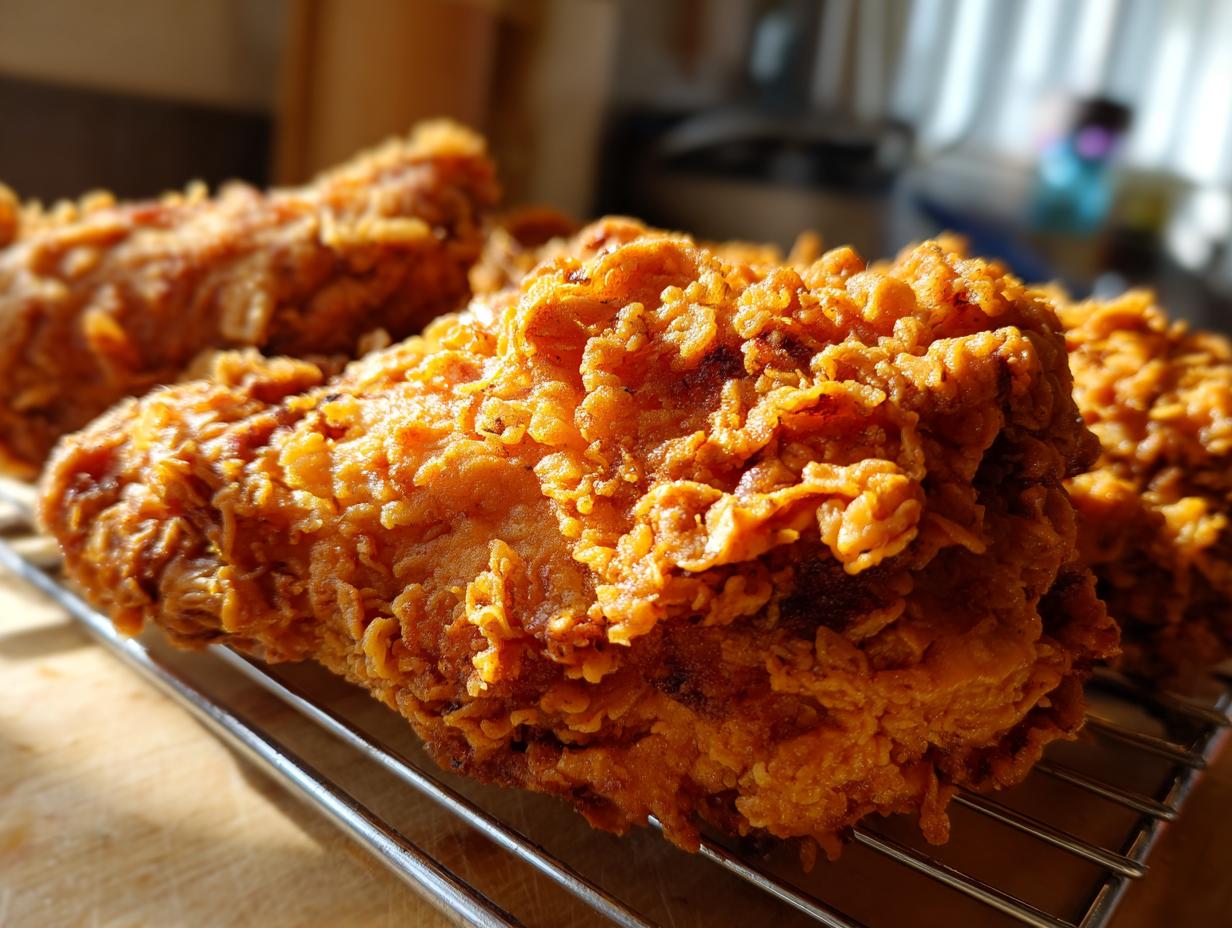 Close-up of perfectly golden, crispy fried chicken resting on a metal cooling rack, highlighting the crunchy texture.