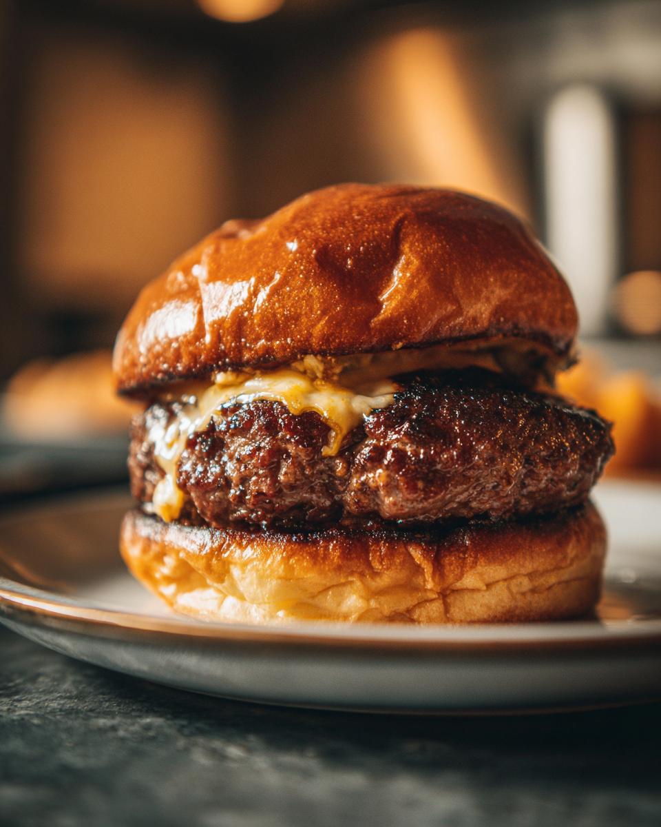 A close-up of a perfectly grilled burger with a glossy bun and melted cheese.