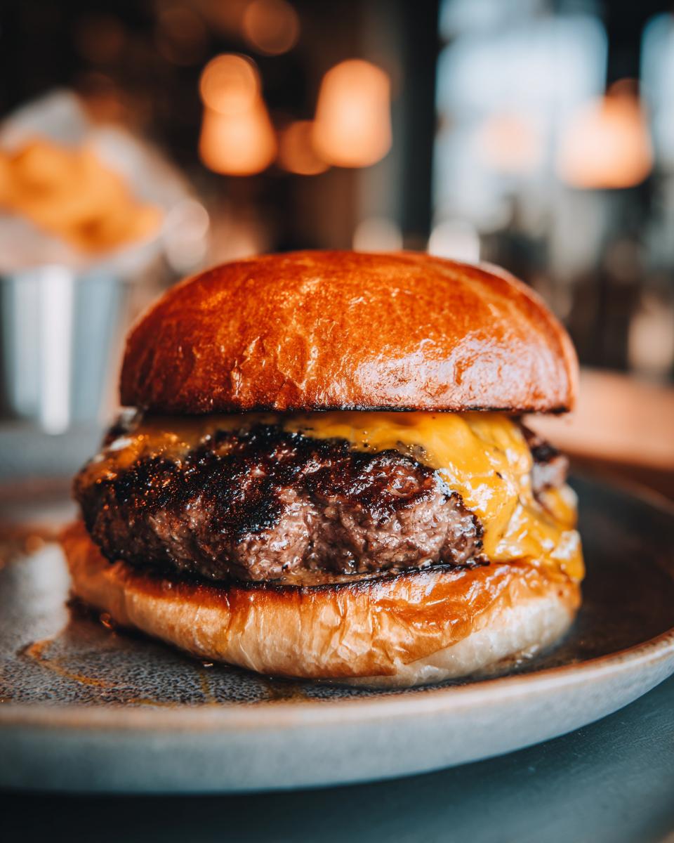A perfectly grilled burger with a golden-brown bun and melted cheddar cheese.