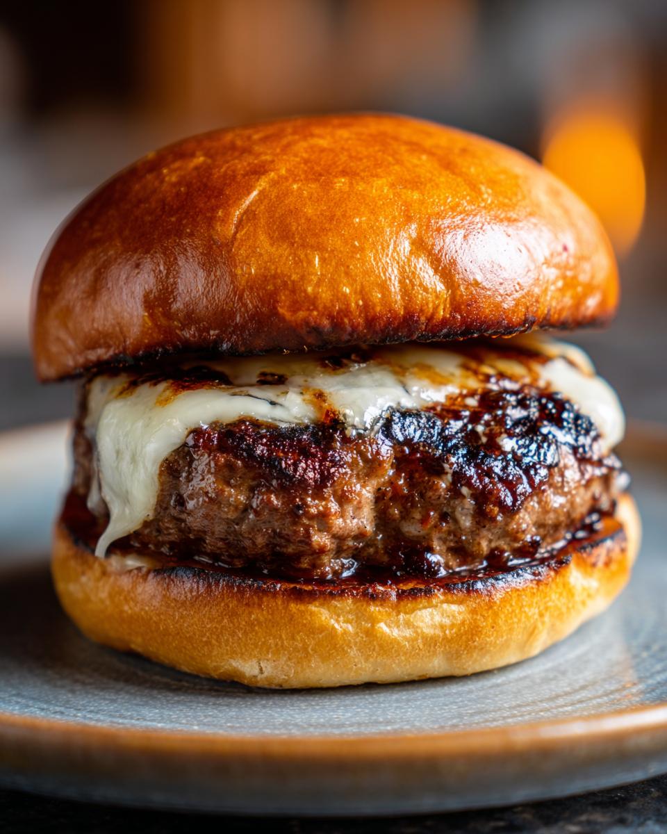 Close-up of a perfectly grilled burger with a golden bun and melted cheese.