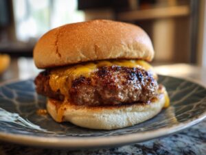 A close-up of a perfectly grilled burger with melted cheddar cheese on a bun, ready to eat.