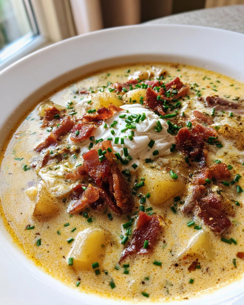 Close-up of creamy loaded baked potato soup, garnished with bacon, sour cream, and chives.