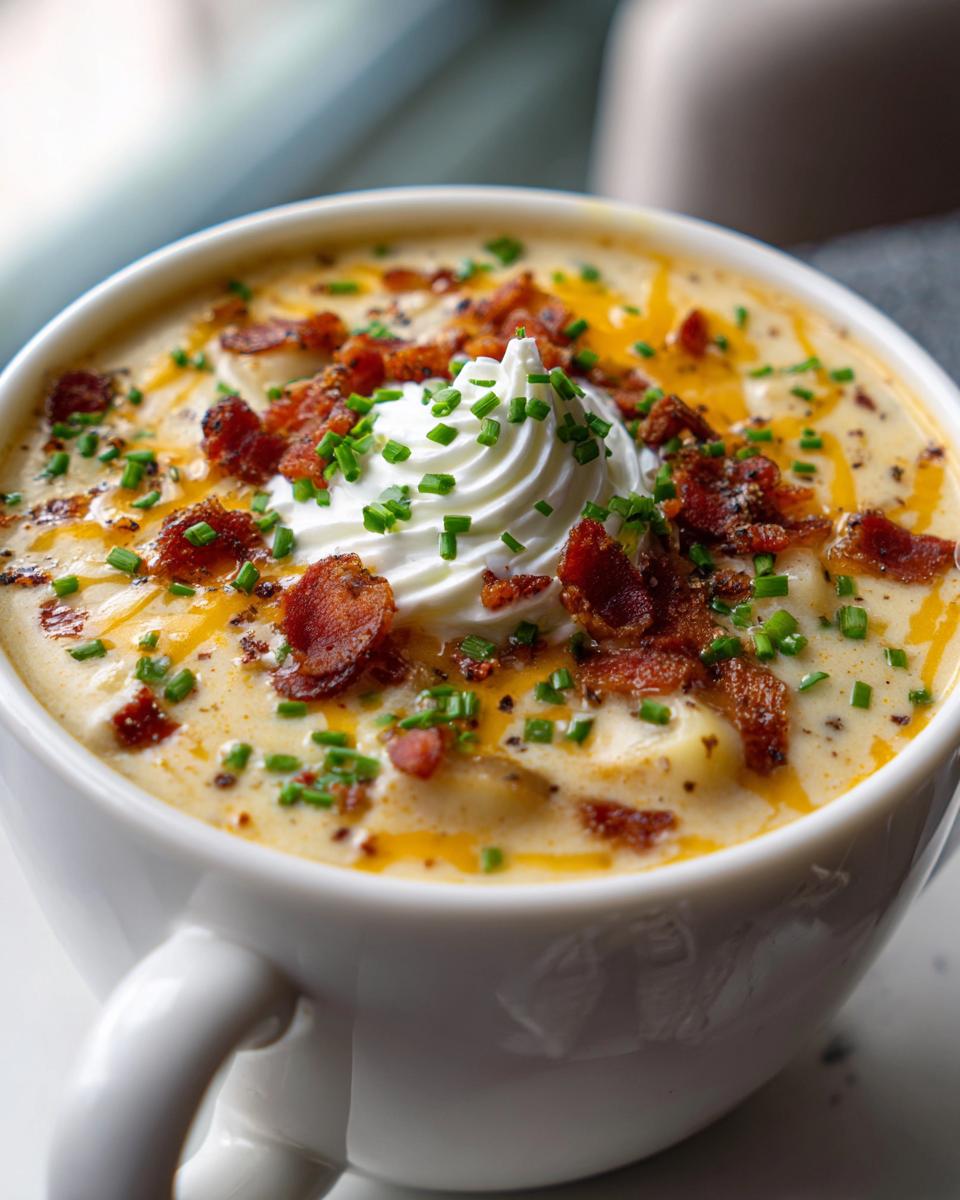 A rich bowl of loaded baked potato soup topped with sour cream, crispy bacon, shredded cheese, and fresh chives.