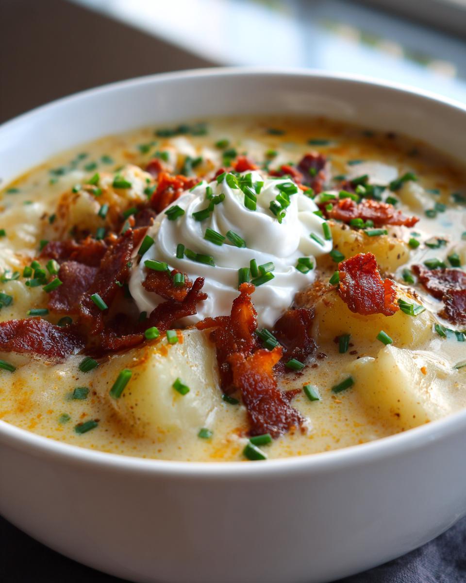 Close-up of a bowl of creamy loaded baked potato soup topped with sour cream, bacon bits, and fresh chives.