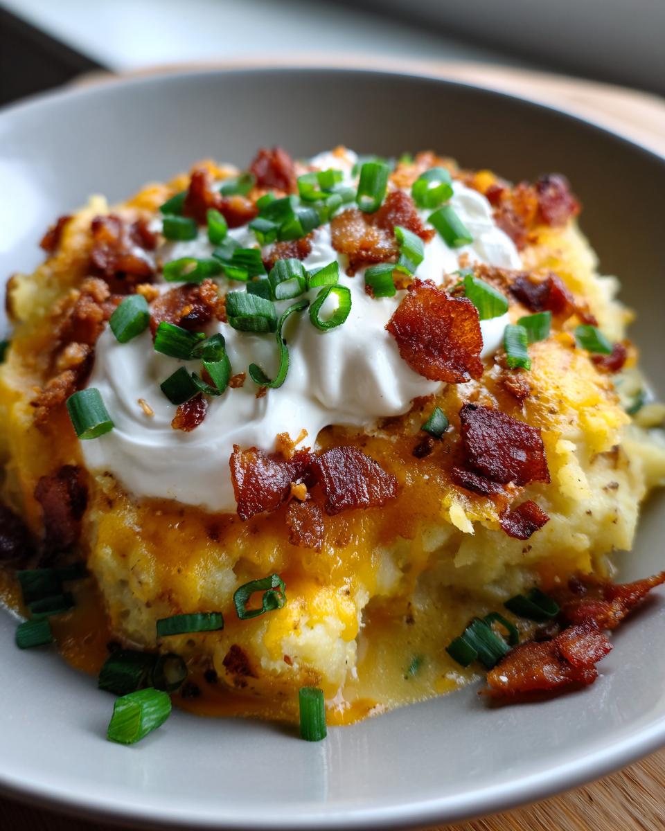 Close-up of creamy loaded baked potato soup topped with melted cheddar, sour cream, bacon bits, and chives.