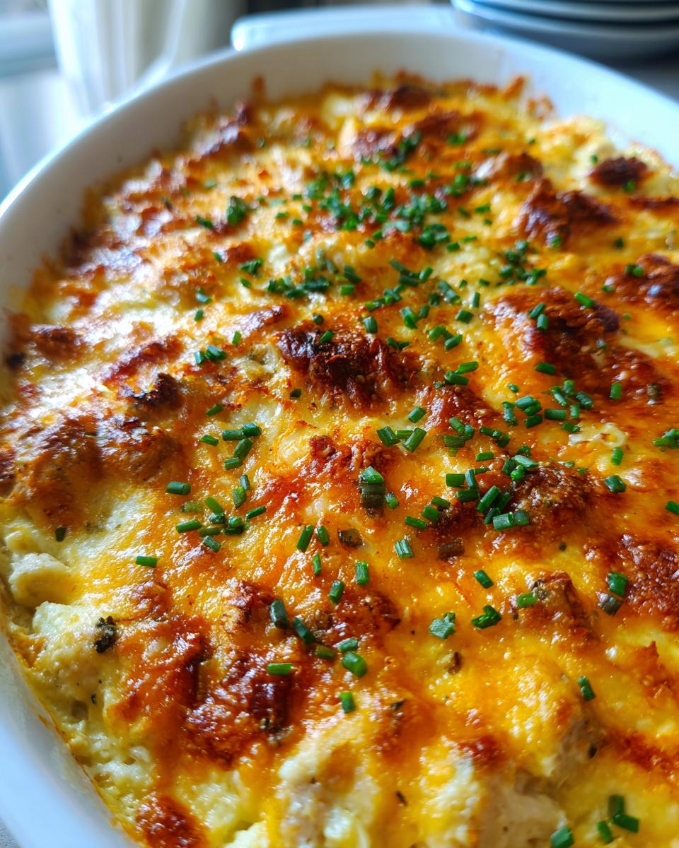 Close-up of a bubbling low carb chicken casserole, topped with melted golden cheese and fresh chives.