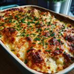 Close-up of a golden-brown baked low carb chicken casserole, topped with melted cheese and fresh chives.