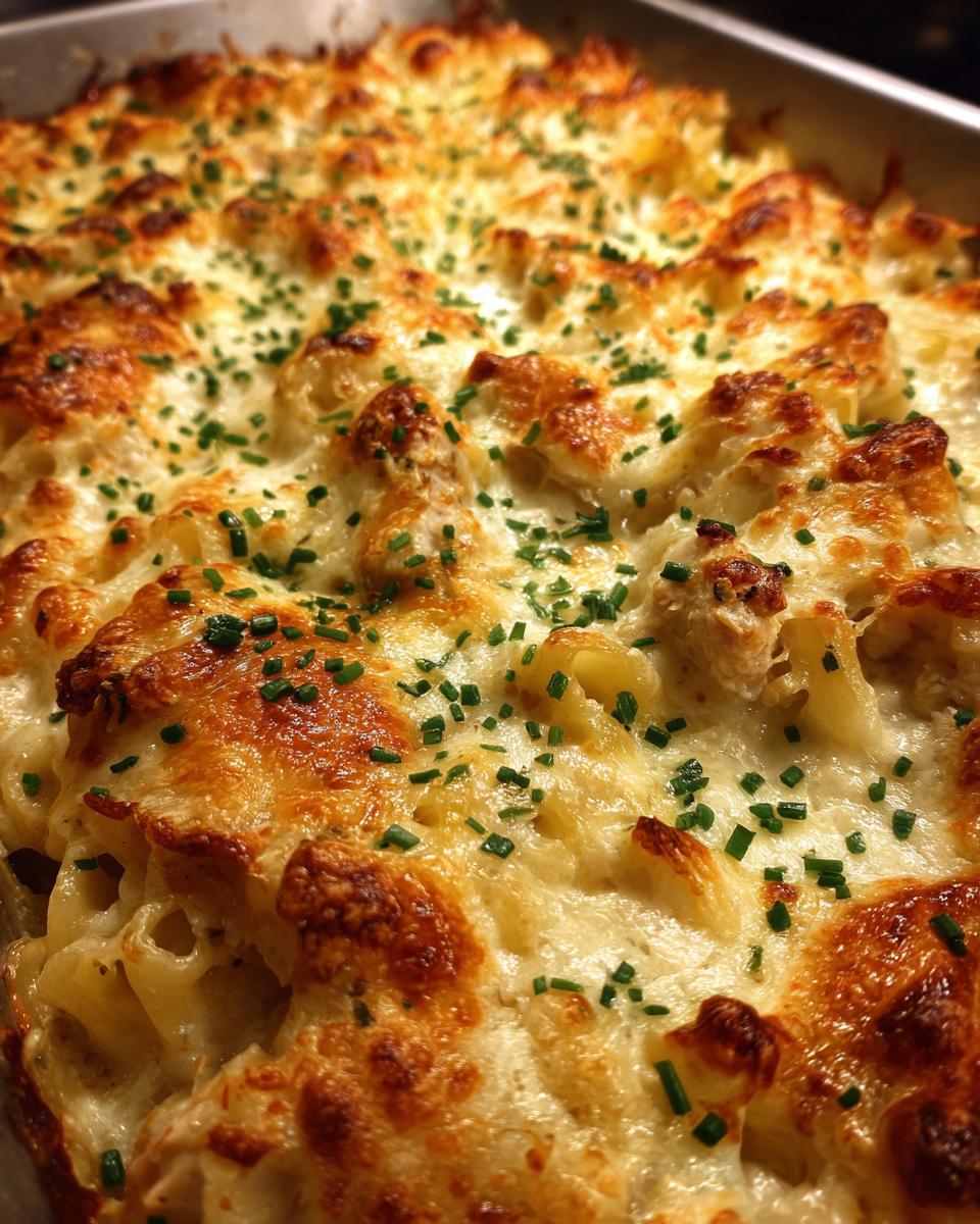 Close-up of a golden brown, bubbly low carb chicken casserole topped with melted cheese and fresh chives.