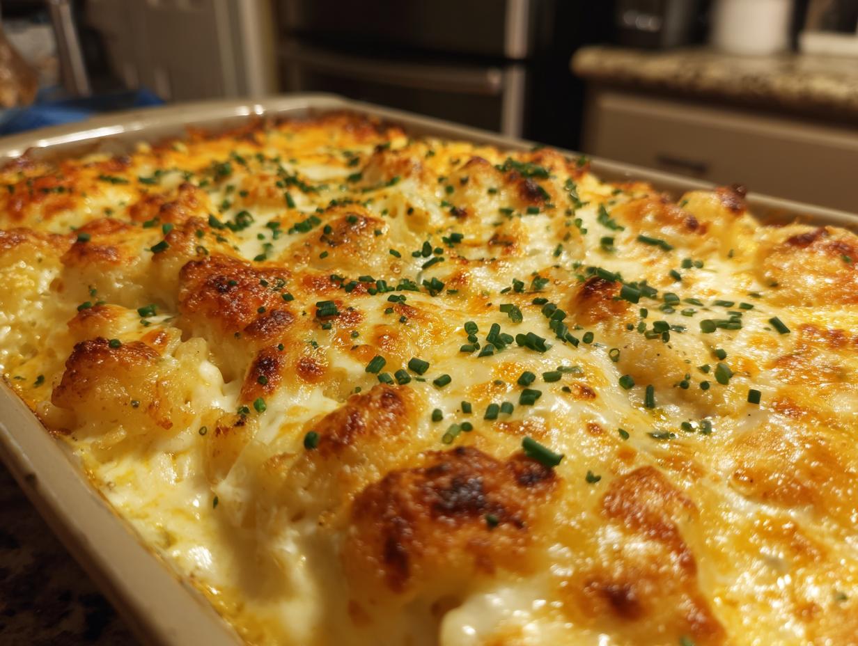 Close-up of a golden brown, cheesy low carb chicken casserole topped with fresh chives.