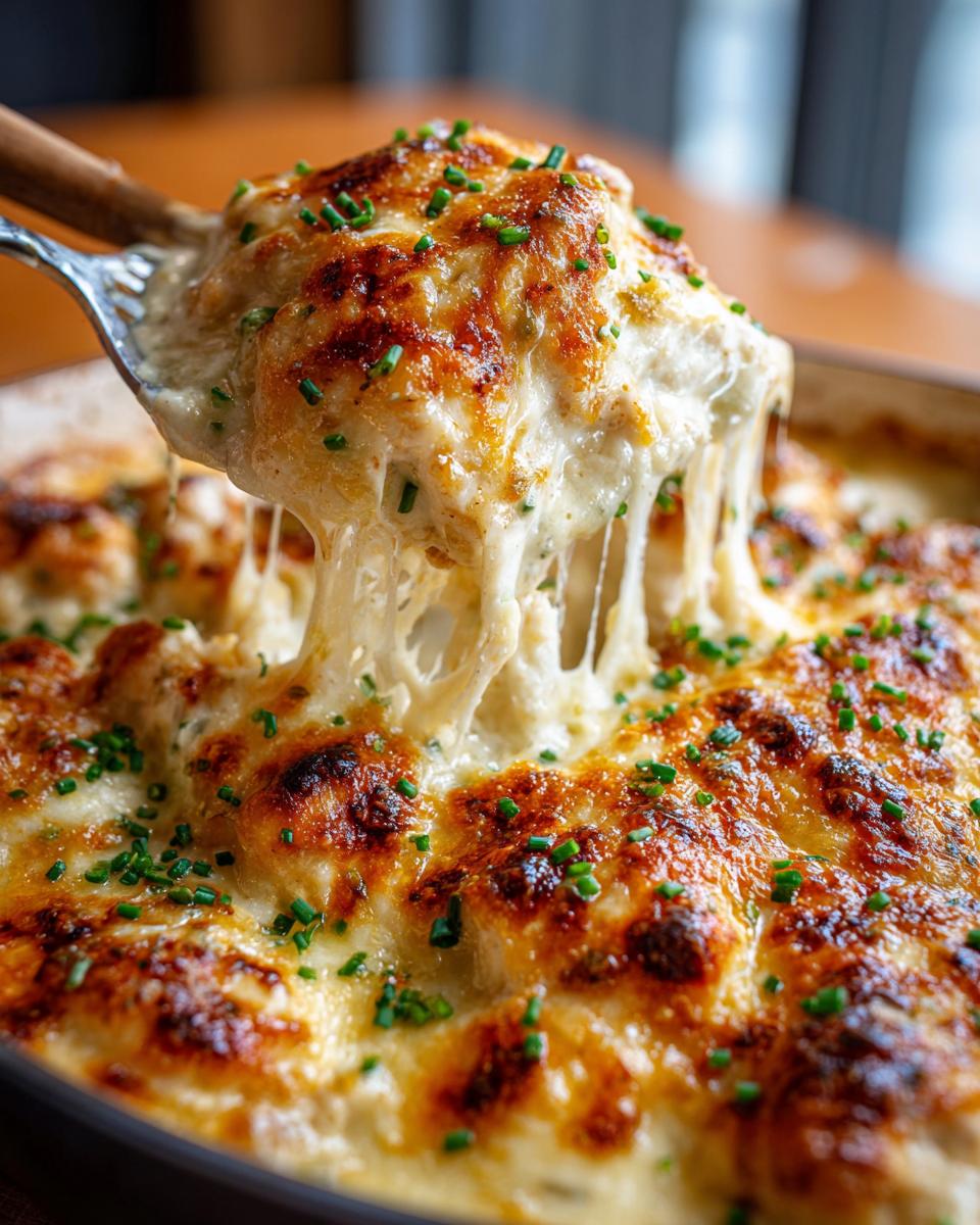 A serving spoon lifts a cheesy portion of low carb chicken casserole, topped with golden brown cheese and chives.