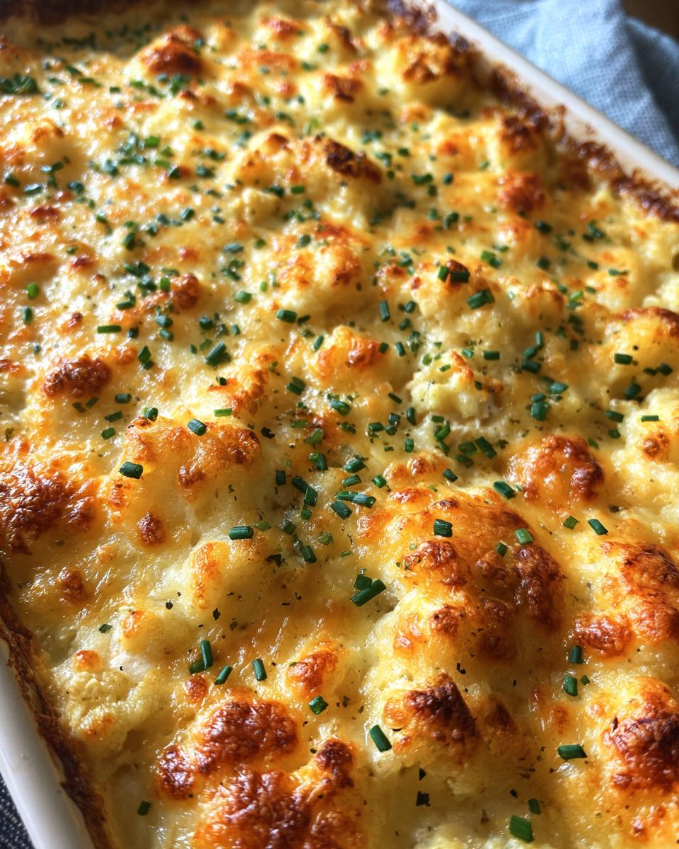 Close-up of a bubbling low carb chicken casserole topped with melted golden cheese and fresh chives.