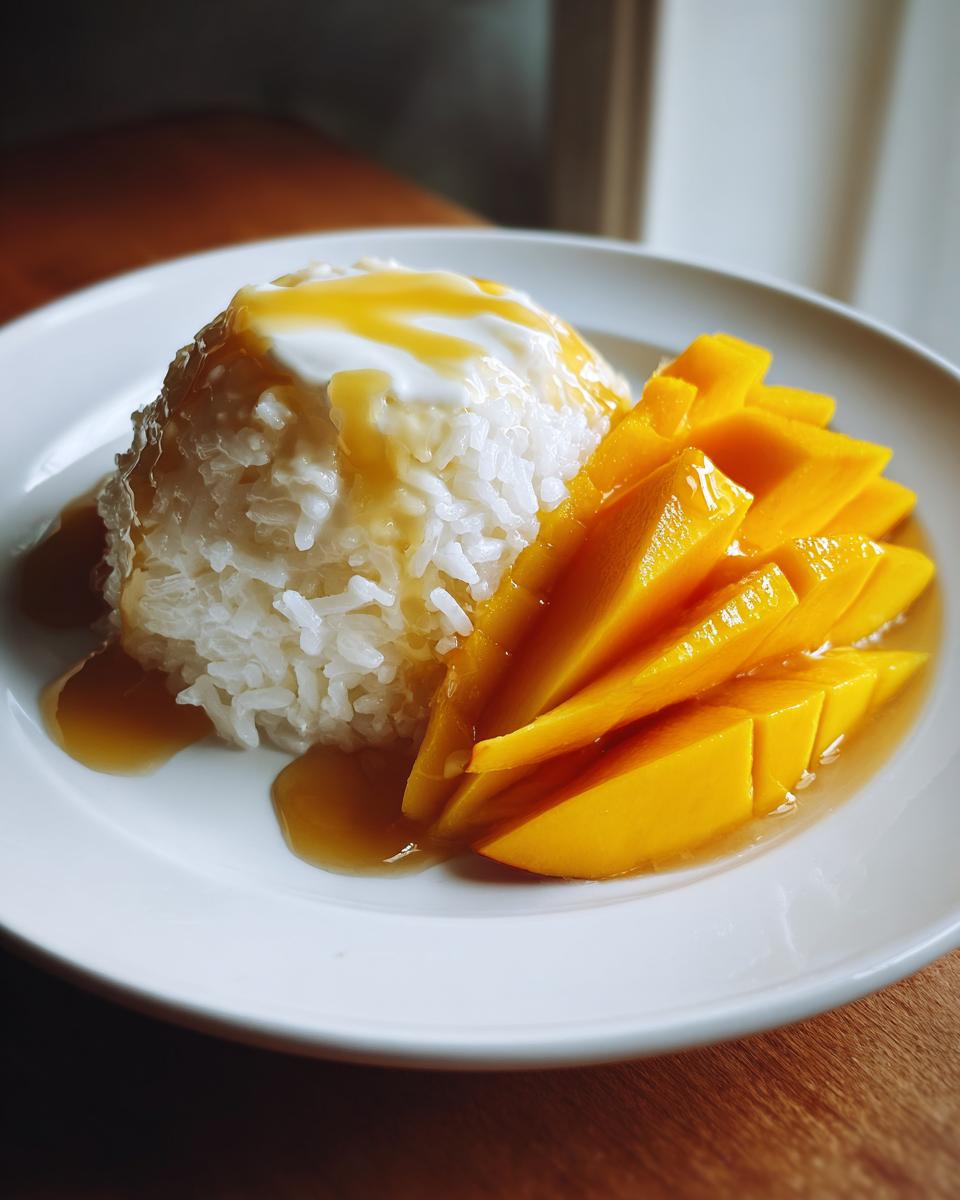 A serving of mango sticky rice featuring white sticky rice topped with coconut cream and sweet sauce, next to sliced fresh mango.