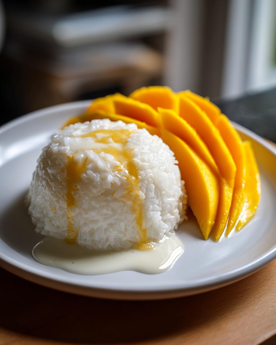 A serving of mango sticky rice featuring perfectly molded white sticky rice topped with sweet sauce and sliced fresh mango.