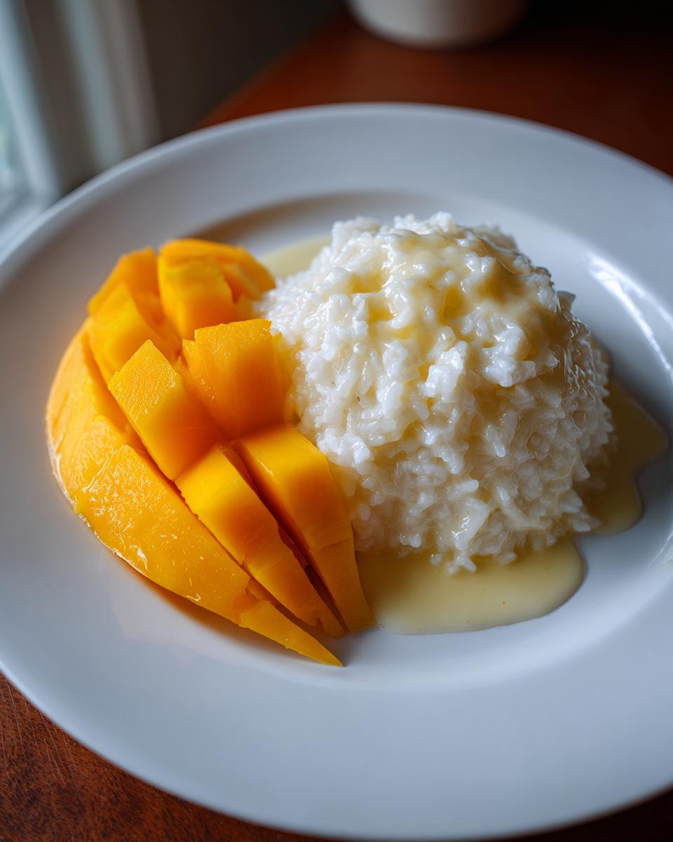 Close-up of a serving of mango sticky rice with sliced fresh mango next to sweet coconut rice.
