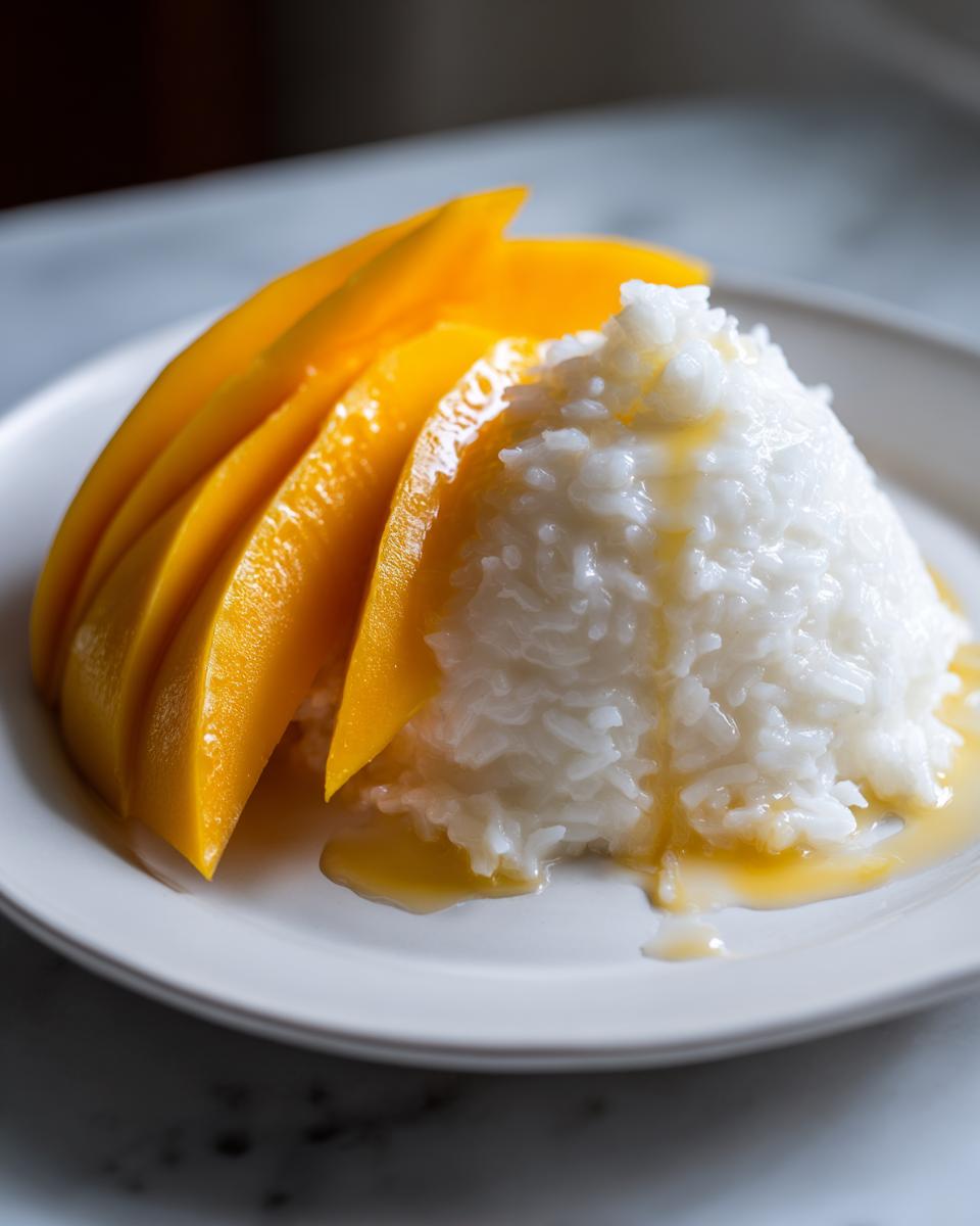 A close-up of delicious mango sticky rice, featuring sliced ripe mango next to sweet white rice drizzled with coconut sauce.