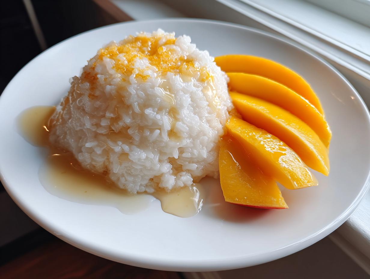 A serving of sweet mango sticky rice with sliced fresh mango and coconut sauce on a white plate.