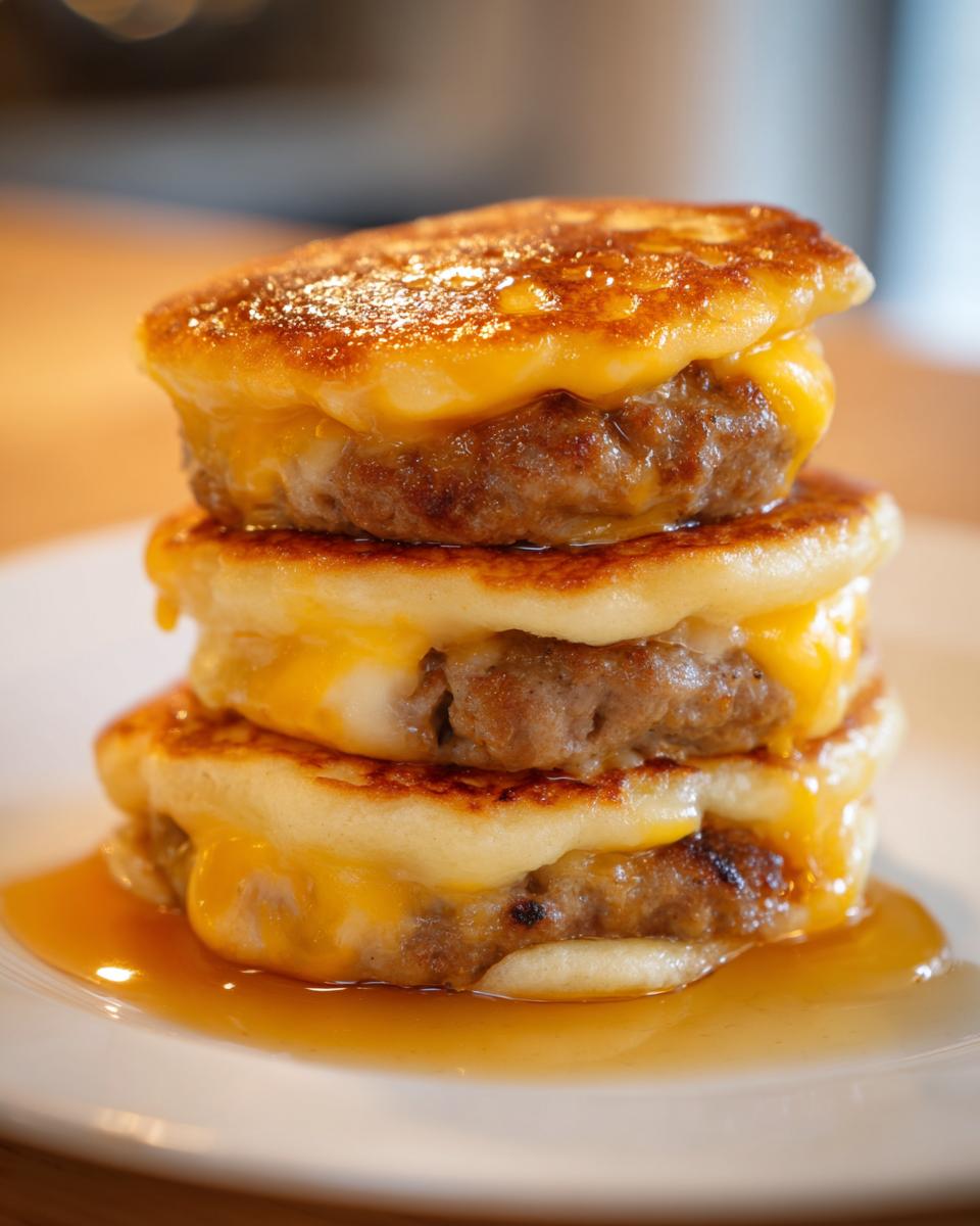 Close-up of three stacked McGriddle bites featuring sausage patties, melted cheese, and syrup pooling on a white plate.