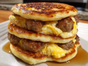 Close-up of stacked McGriddle bites featuring sausage patties and scrambled eggs between syrupy pancakes.