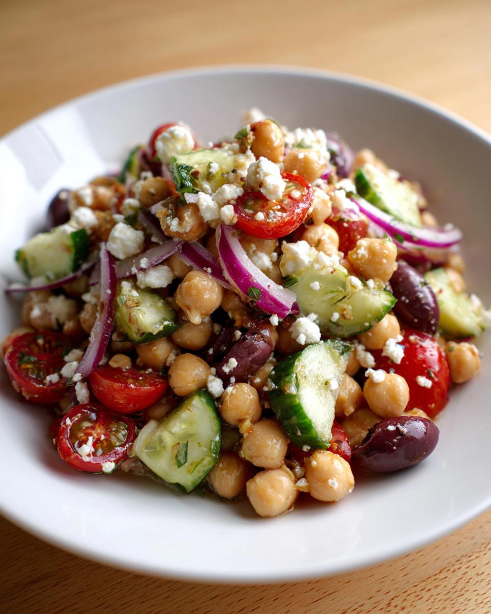 Close-up of a fresh mediterranean chickpea salad featuring chickpeas, cucumbers, tomatoes, olives, and feta cheese.