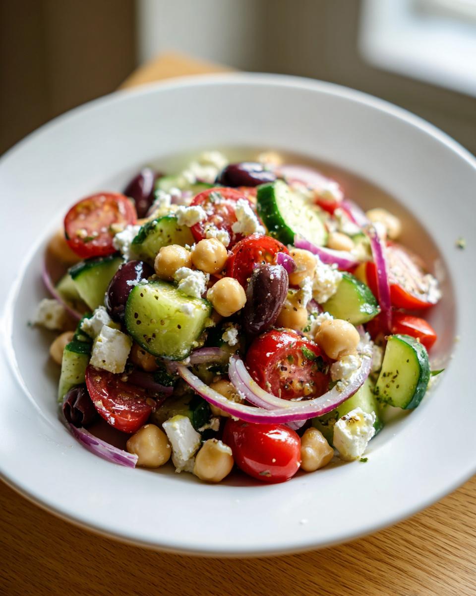 A vibrant bowl of mediterranean chickpea salad featuring chickpeas, cucumbers, tomatoes, feta, and olives.
