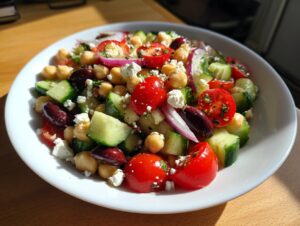A close-up of a vibrant mediterranean chickpea salad featuring chickpeas, cucumbers, tomatoes, feta, and olives.