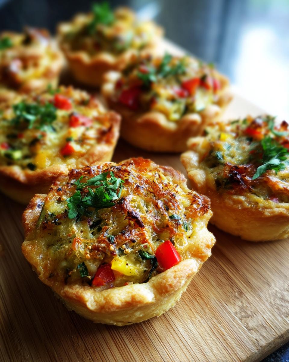 A close-up of several delicious mini vegetable tartlets filled with colorful chopped vegetables and herbs, topped with melted cheese.