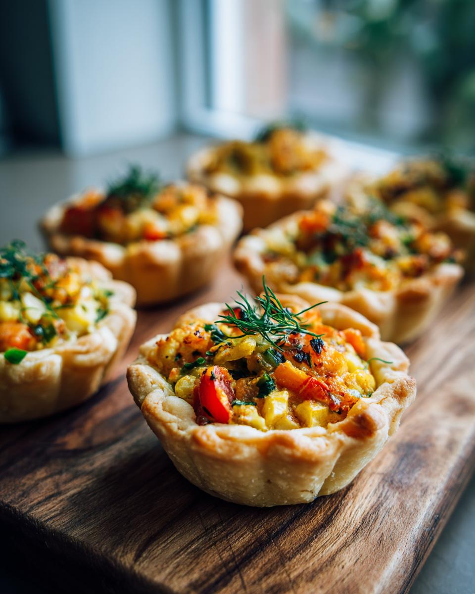 Close-up of delicious mini vegetable tartlets filled with colorful vegetables and herbs, arranged on a wooden board.