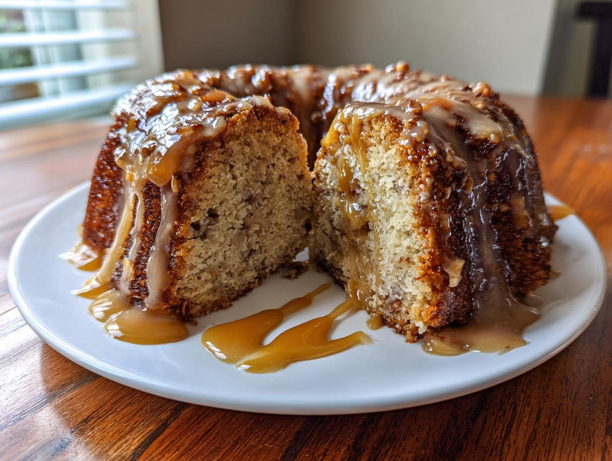 A bundt-style apple cake, cut in half, generously covered in a thick caramel glaze, sitting on a white plate.