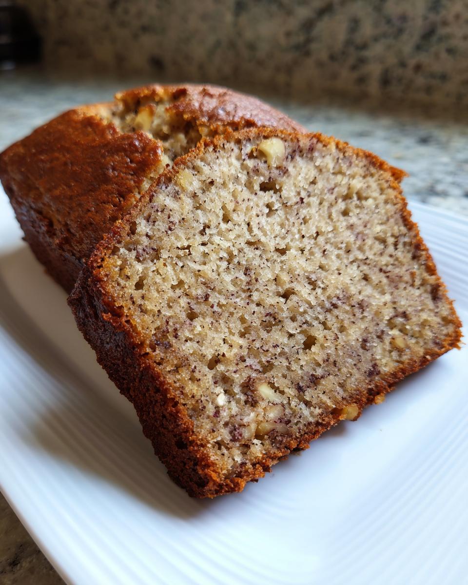 Close-up of a moist slice of sugar free banana bread showing the crumb texture and visible walnuts.