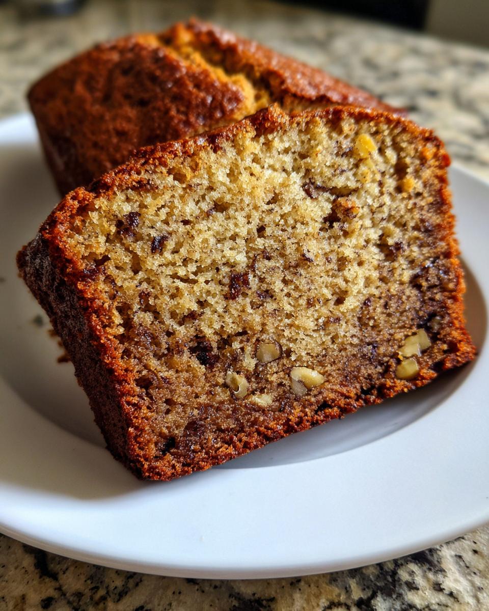 Close-up of a moist slice of sugar free banana bread showing nuts and dark swirls on a white plate.