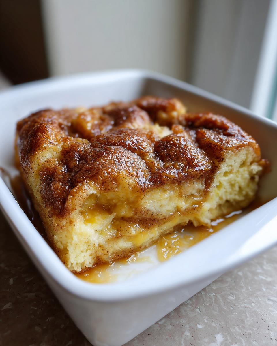 Close-up of a moist slice of snickerdoodle cobbler with a gooey cinnamon-sugar topping in a small white baking dish.