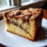 Close-up of a moist slice of sour cream coffee cake featuring a rich cinnamon swirl and crumbly streusel topping.