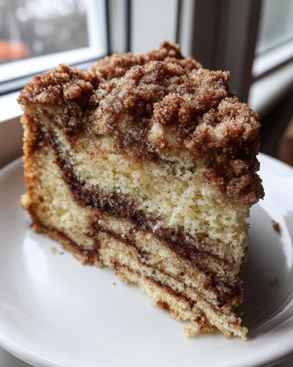 A moist slice of sour cream coffee cake featuring visible cinnamon swirl layers and a thick, sugary streusel topping.