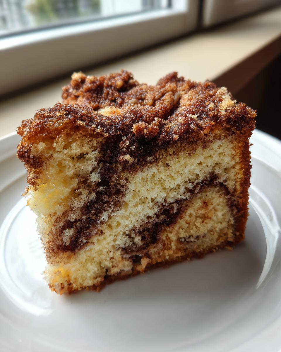 Close-up of a moist slice of sour cream coffee cake with cinnamon swirl and crumbly streusel topping.