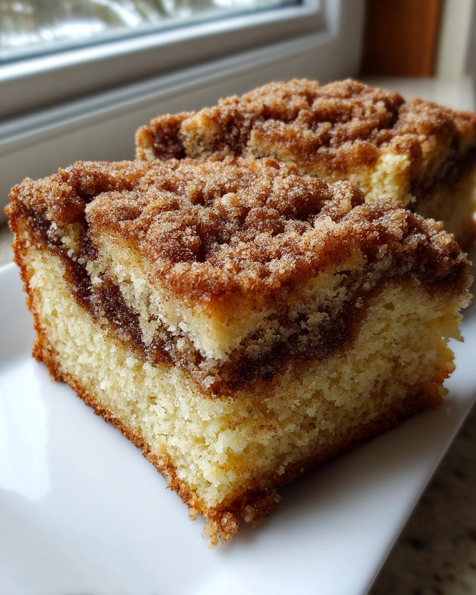 Two moist slices of sour cream coffee cake featuring a thick cinnamon swirl and crunchy streusel topping.