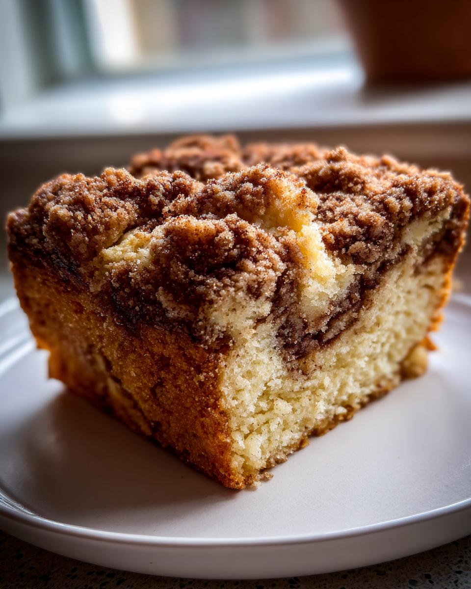 Close-up of a moist slice of sour cream coffee cake featuring a thick cinnamon streusel topping.