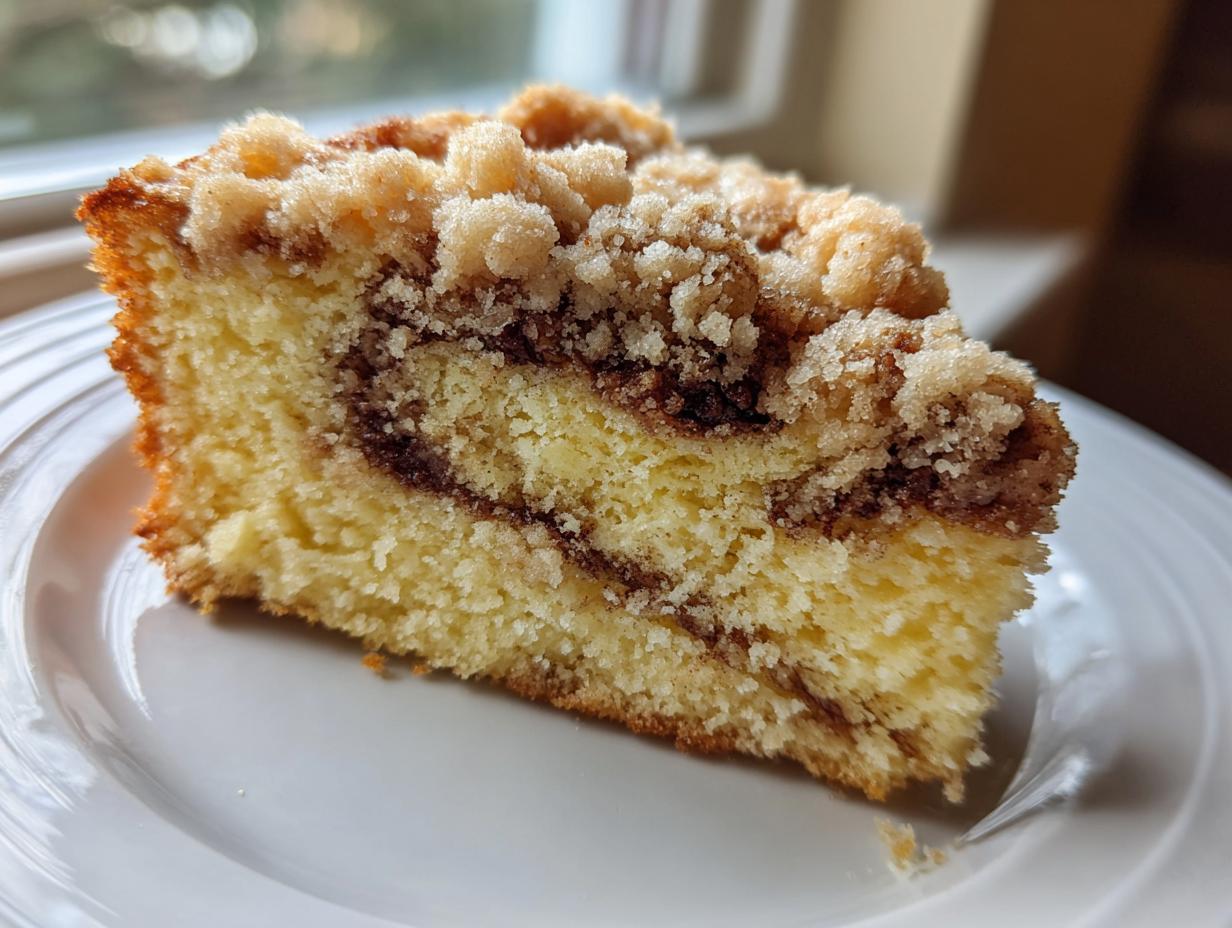 Close-up of a moist slice of sour cream coffee cake featuring a cinnamon swirl and thick crumbly streusel topping.