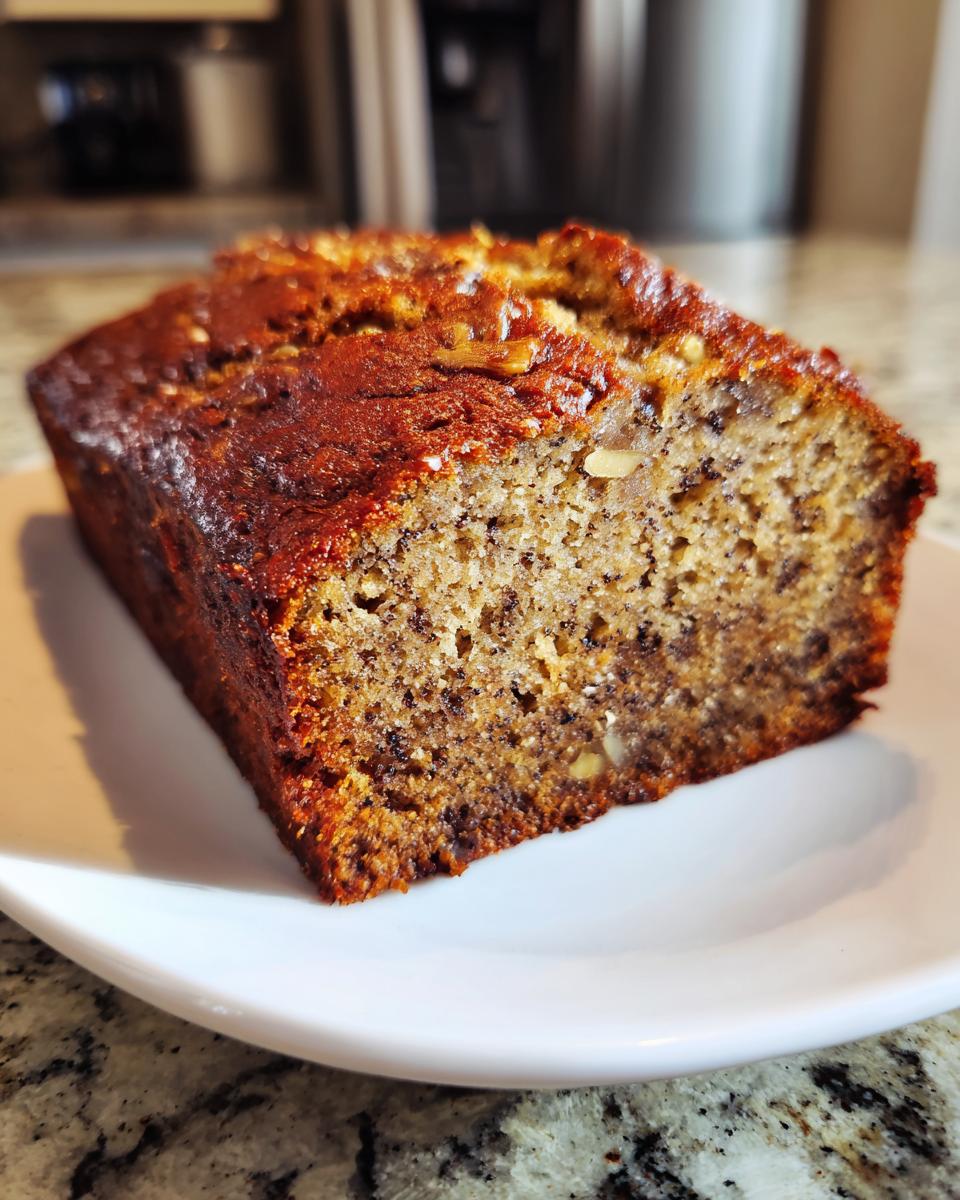 Close-up of a freshly baked loaf of sugar free banana bread showing its moist crumb and dark, caramelized crust.