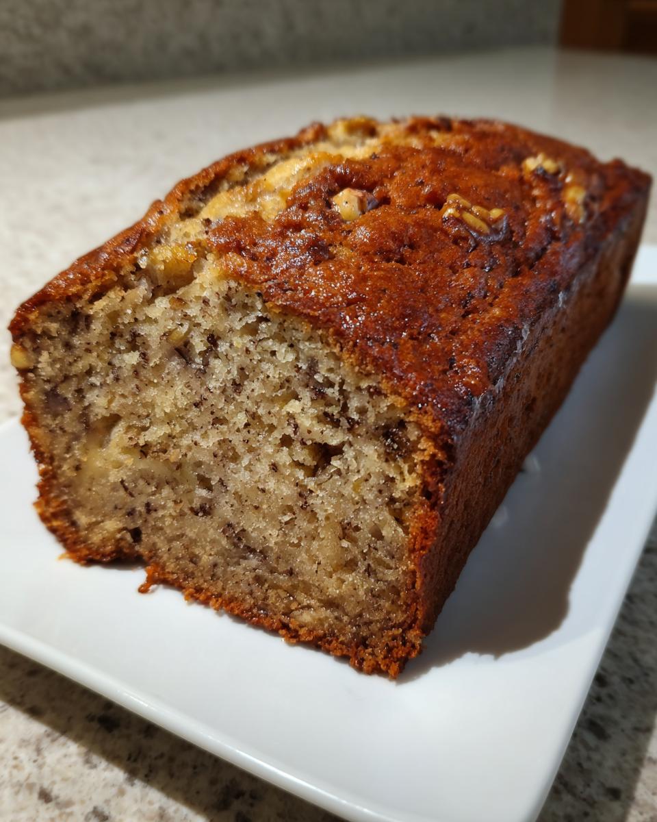 A freshly baked loaf of sugar free banana bread, showing a moist crumb and caramelized top with walnuts.
