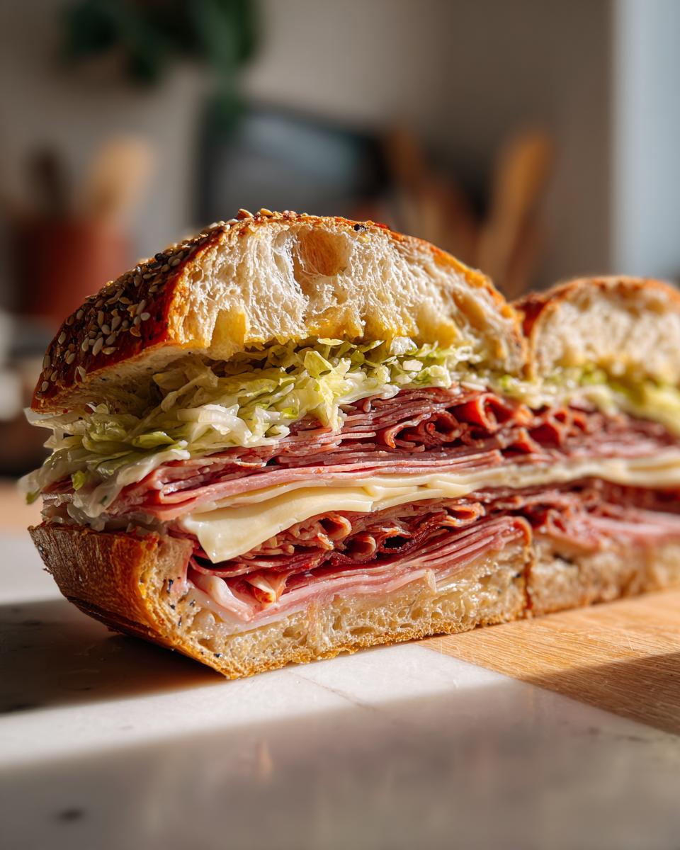 A thick slice of a Muffuletta sandwich, showcasing layers of cured meats, cheese, and shredded lettuce on a seeded bun.