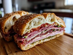 Close-up of a Muffuletta sandwich cut in half, showing layers of cured meats, cheese, and olive salad on a sesame seed bun.