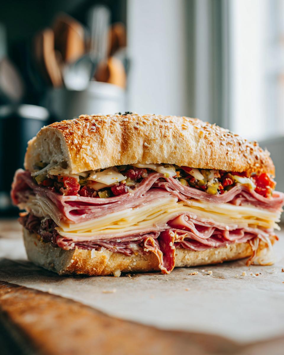A thick Muffuletta sandwich overflowing with layers of Italian meats, provolone cheese, and olive salad on a sesame seed bun.