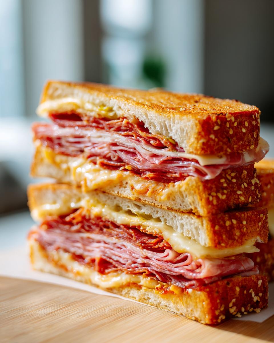 A tall stack of delicious Muffuletta sandwich slices, showcasing layers of cured meats, cheese, and olive salad on toasted sesame bread.