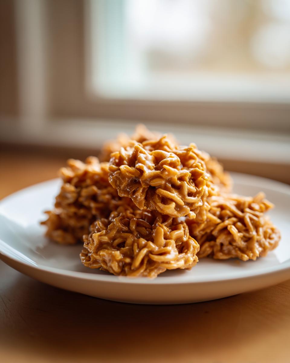 A small stack of glossy, peanut butter colored haystack cookies resting on a white plate.